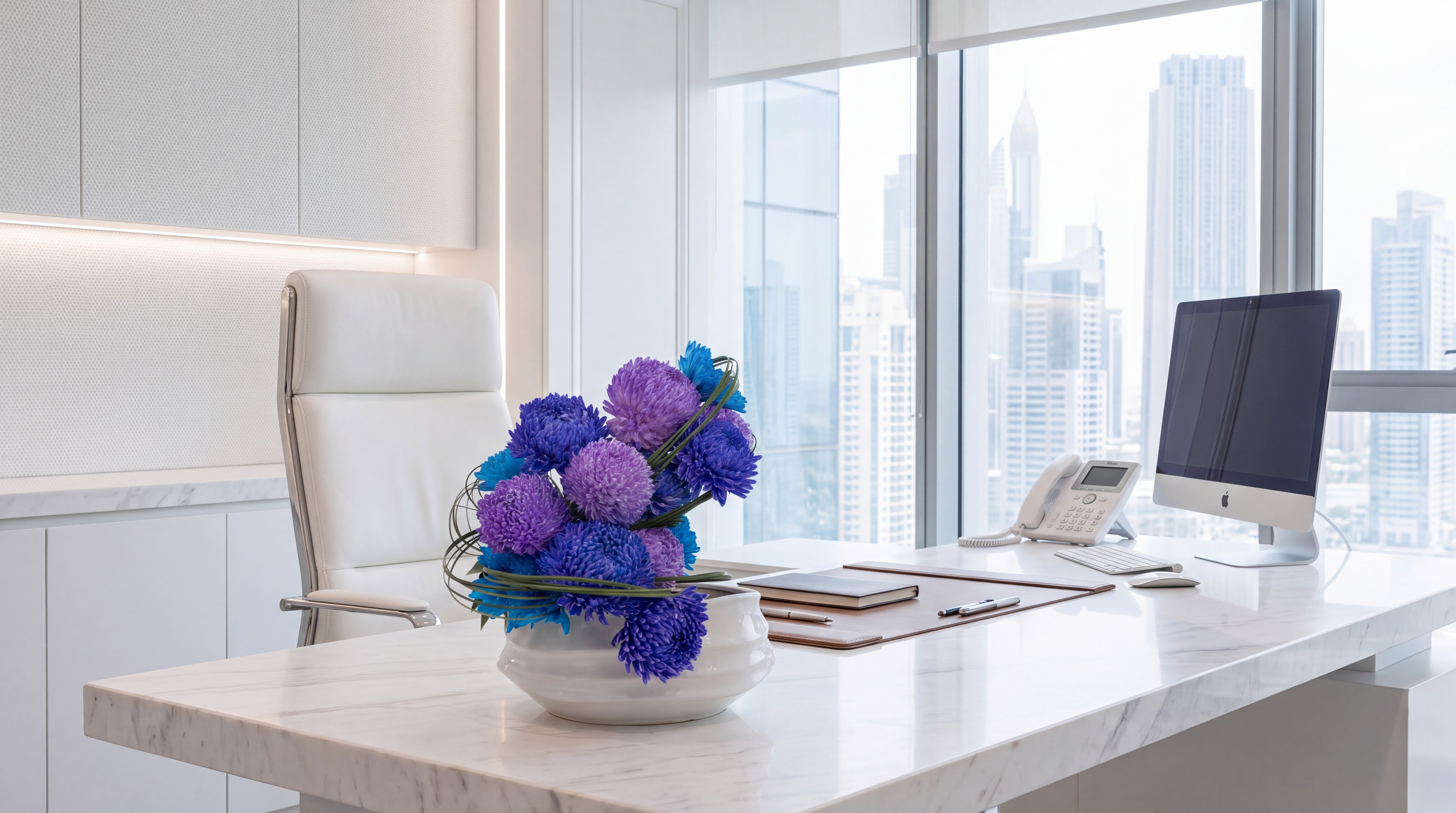 Branded flower arrangement in a luxury office